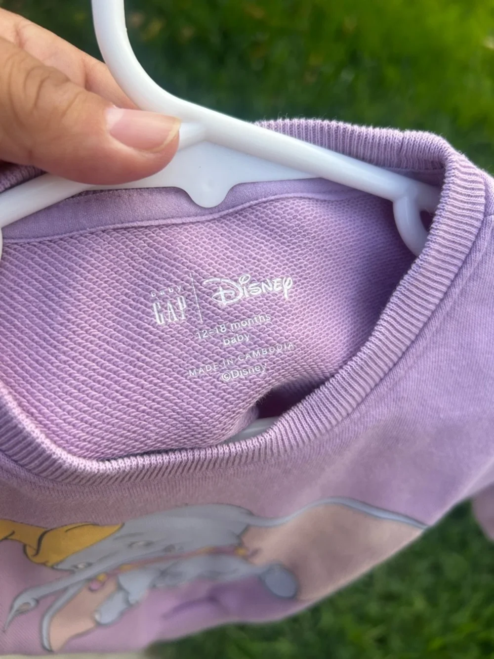 GAP Lavender Crewneck Sweatshirt with Dumbo Graphic and Yellow Hat